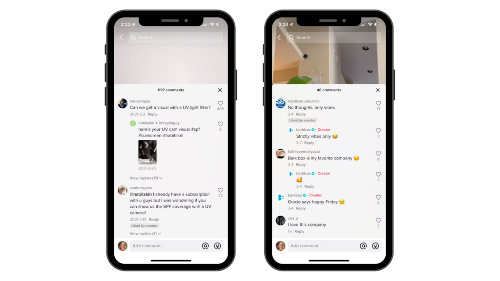 Brands leaving comments on TikTok